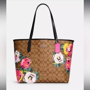 Coach City Tote Signature Canvas Vintage Rose Print Monogram
